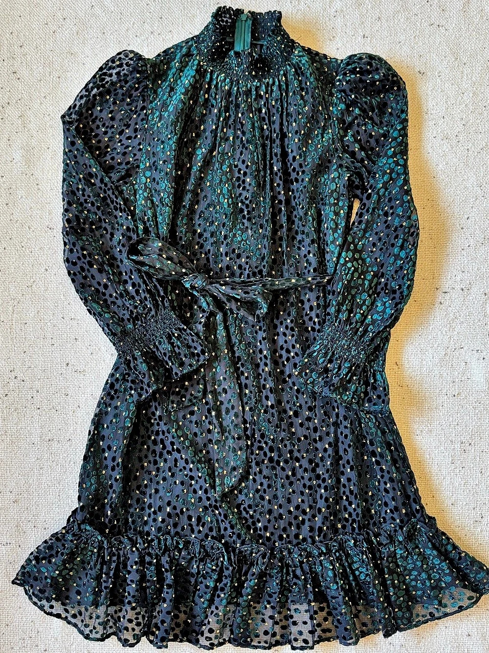Alex Marie Skyler Dress Size 8 Teal Gold Velvet Burnout Mock Neck Holiday Party